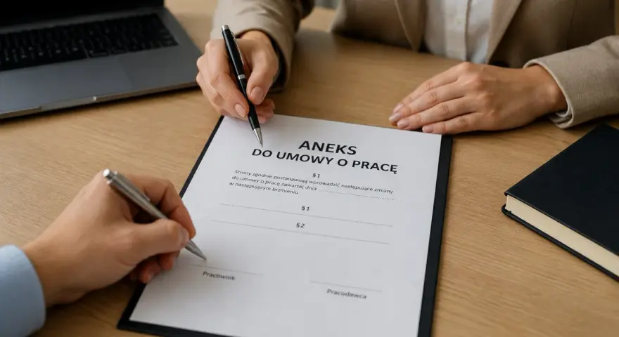Podpisanie aneksu do umowy o pracę. Dwie osoby przy biurku z dokumentem i długopisami.