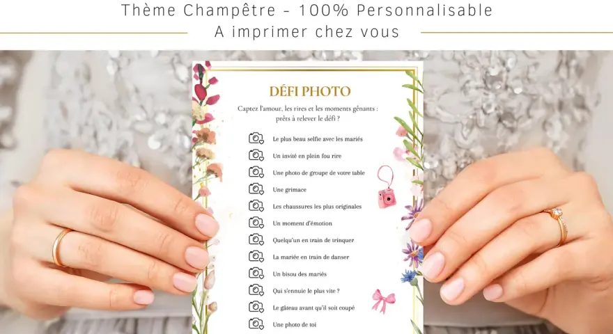 Jeu de défi photo pour un mariage champêtre. Capturez les moments clés avec cette liste de défis amusants.