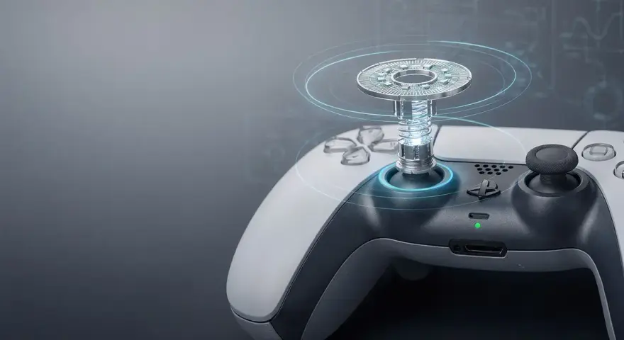 El mando PS6, con su joystick mecánico y detalles futuristas, listo para la acción.