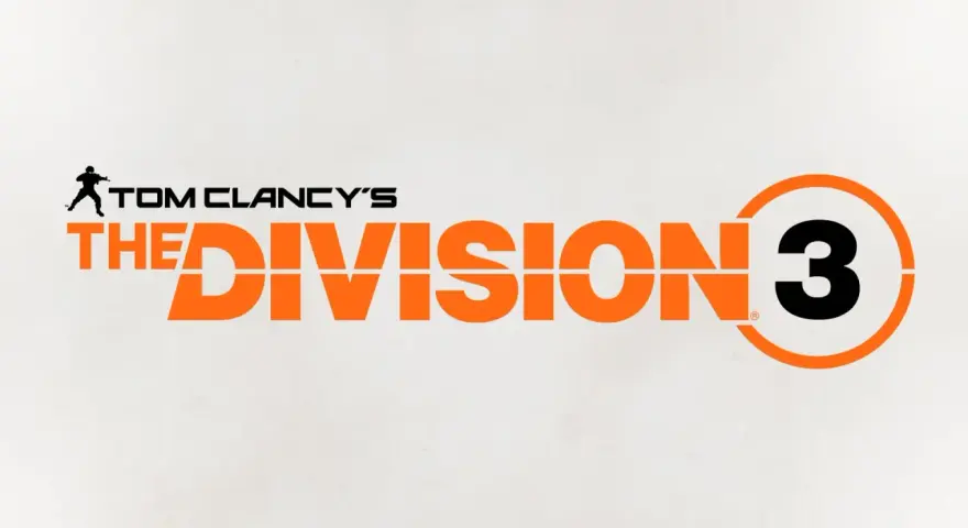Logo gry Tom Clancy's The Division 3. Sylwetka żołnierza obok napisu "TOM CLANCY'S THE DIVISION" i cyfry 3 w pomarańczowym okręgu.