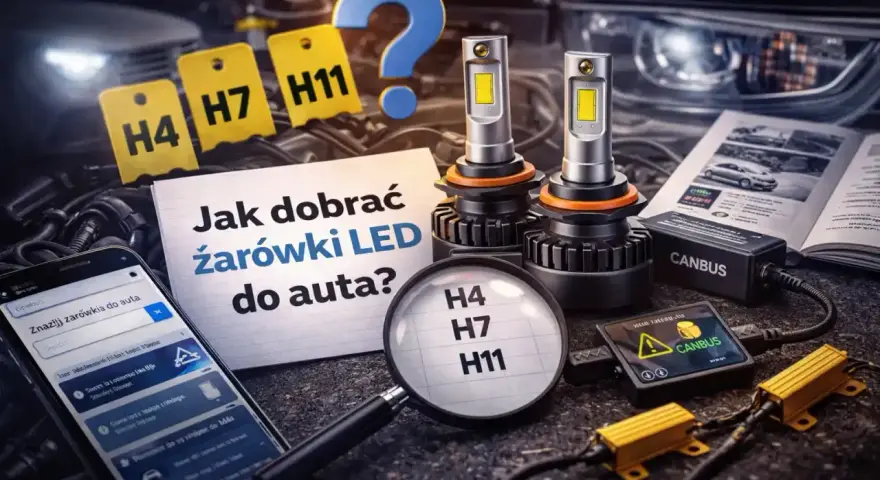 Jak dobrać żarówki LED do auta? Na zdjęciu widać modele H4, H7, H11, telefon z aplikacją i instrukcję.