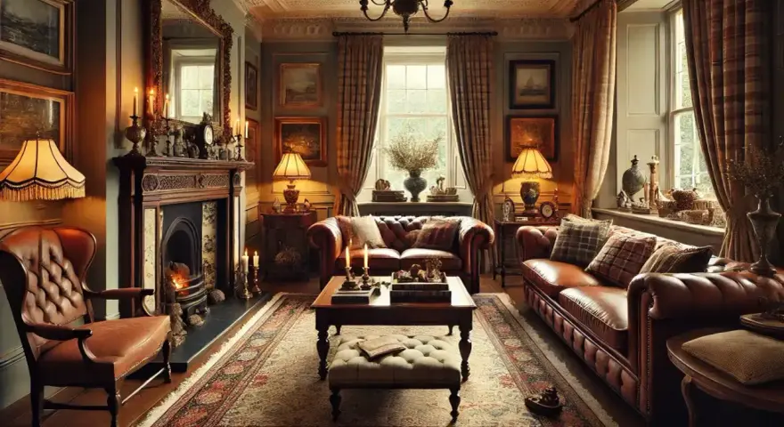 Salon chaleureux d'un cottage anglais, avec canapés en cuir, cheminée ornée et tapis persan.