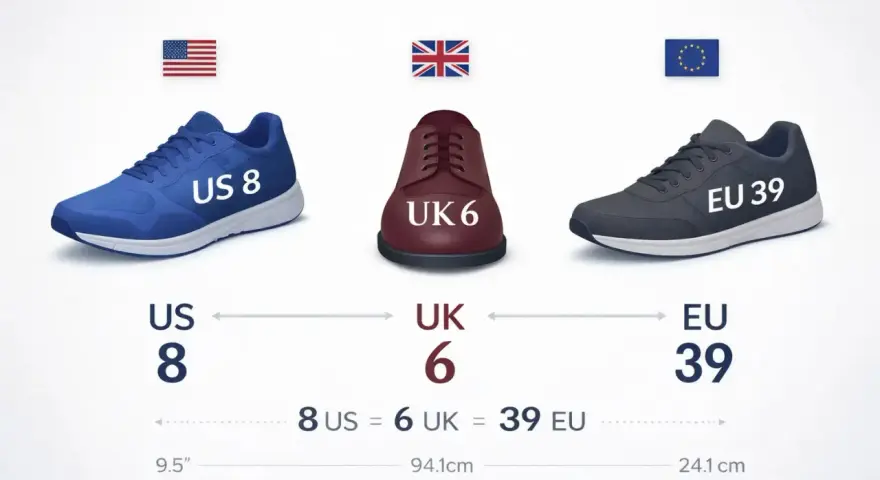 Tres zapatos de diferentes tallas (US 8, UK 6, EU 39) con sus banderas correspondientes.