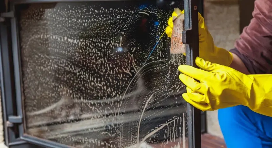 Ręce w żółtych rękawiczkach czyszczą zaplamioną szybę kominka. Dowiedz się, jak wyczyścić kominek w środku, aby znów lśnił.
