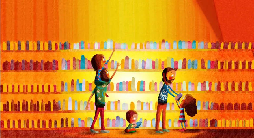 Una familia elige libros en una estantería colorida. ¡Hay tanto que leer!