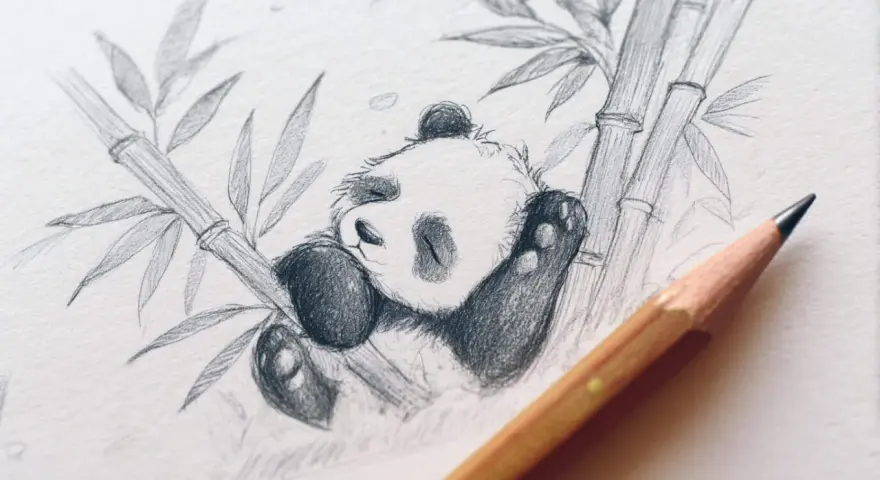 En söt panda sover bland bambu. Enkla bilder att rita som denna inspirerar till kreativitet.