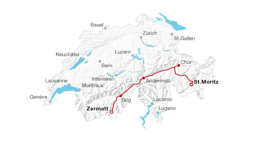 Map of Switzerland showing a red train route from Zermatt to Chur, passing through Brig, Andermatt, and St. Moritz.