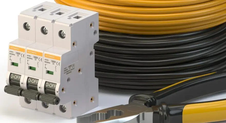 Wyłącznik nadprądowy, kable elektryczne i kombinerki.