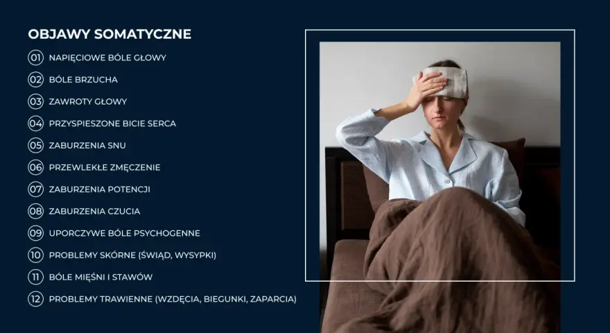Kobieta z okładem na czole, cierpiąca na bóle somatyczne, takie jak bóle głowy, brzucha, czy problemy ze snem.