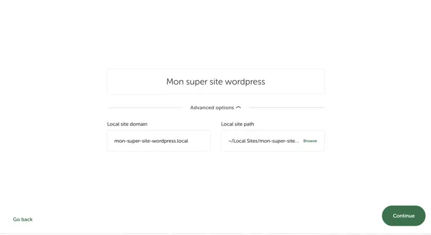 Configuration pour installer WordPress manuellement : nom du site "Mon super site wordpress", domaine local et chemin d'accès.