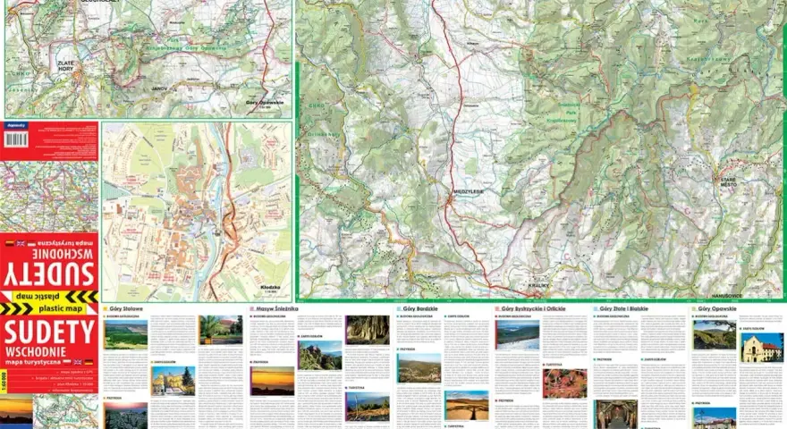 Mapa turystyczna Sudetów Wschodnich z zaznaczonymi szlakami, miastami i atrakcjami.