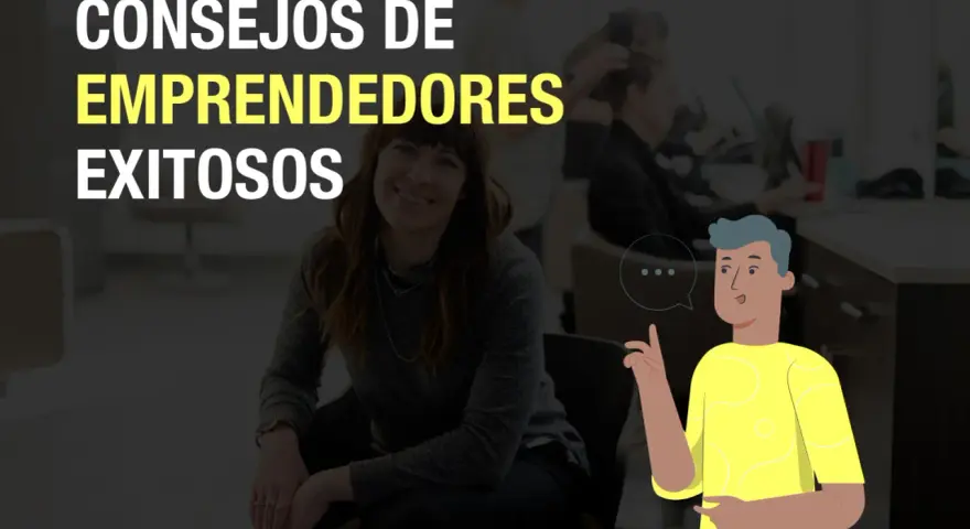 Consejos de emprendedores exitosos poco conocidos. Una mujer sonríe sentada, mientras un hombre animado da consejos.