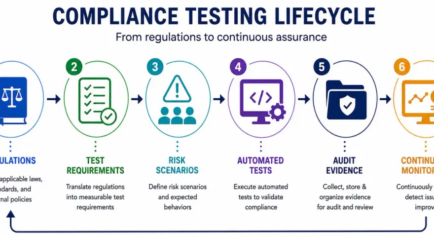 Compliance testing lifecycle: regulations, test requirements, risk scenarios, automated tests, audit evidence, and continuous monitoring. This process acts as a due diligence tool.