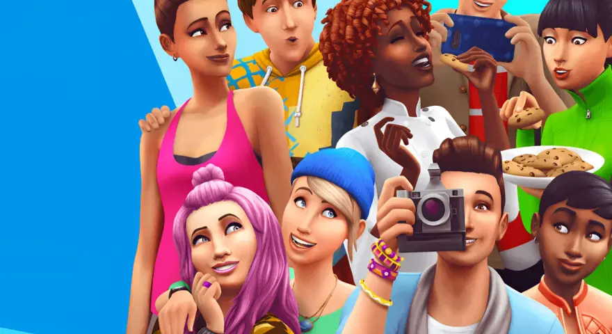 Grupo de Sims sonriendo y comiendo galletas, listos para usar comandos en Los Sims 4.