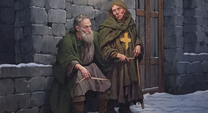 Dwóch zmarzniętych pielgrzymów, symbolizujących kartę 5 pentakli, siedzi przy kamiennym murze w śnieżny dzień, szukając schronienia.