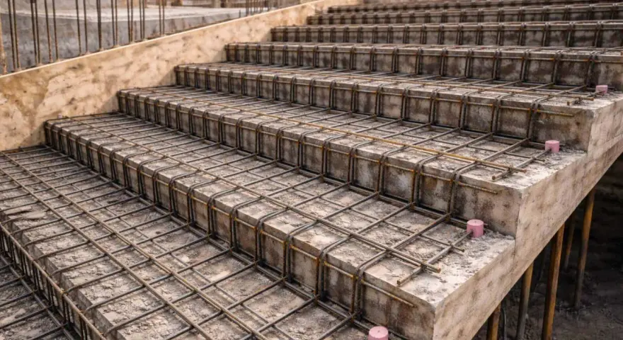 Gotowe do zalania betonem zbrojenie schodów, tworzące solidną konstrukcję. Stalowe pręty ułożone w siatkę zapewnią wytrzymałość.