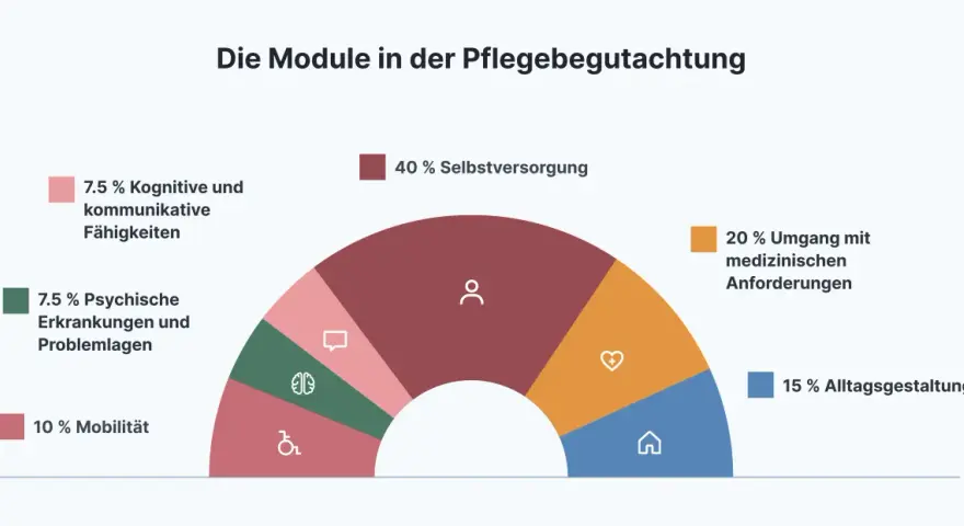 Diagramm zeigt die Module der Pflegebegutachtung: 40% Selbstversorgung, 20% medizinische Anforderungen, 15% Alltagsgestaltung, 10% Mobilität, 7.5% kognitive/kommunikative Fähigkeiten, 7.5% psychische Erkrankungen.