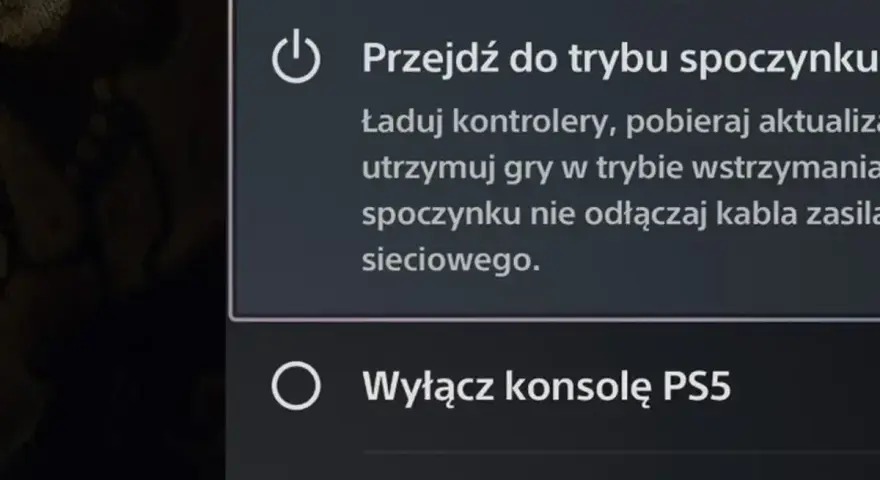 Menu zasilania PS5: opcja "Wyłącz konsolę PS5" jest widoczna, pokazując, jak wylaczyc ps5.
