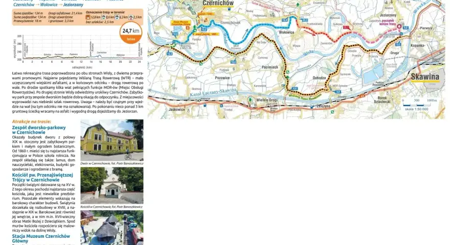 Mapa Wiślanej Trasy Rowerowej z Czernichowem, Jezioranami i Skawiną. Trasa liczy 24,7 km.