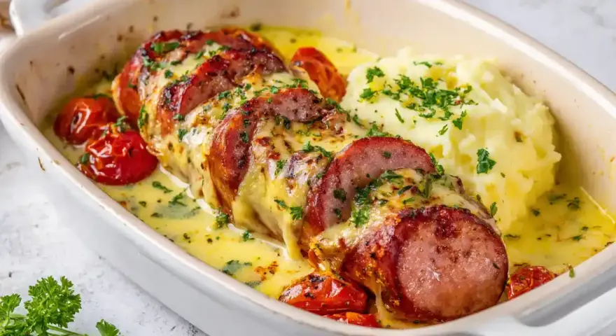 En saftig falukorv i ugn, gratinerad med ost och serverad med krämigt potatismos och körsbärstomater. En klassisk svensk rätt som värmer själen.