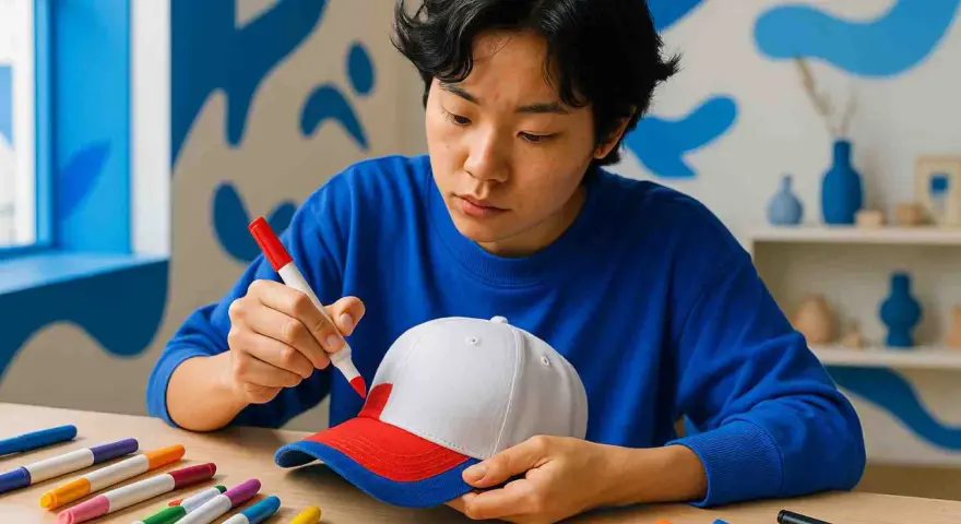 Un jeune homme concentré utilise un marqueur rouge pour teindre une casquette blanche et rouge.