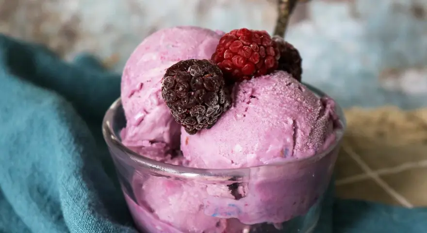 Schon probiert, Brombeereis selber machen? Dieses lila Eis mit frischen Beeren ist ein Genuss!