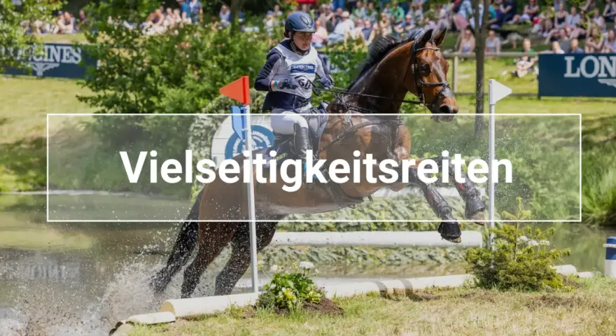 Ein Reiter und sein Pferd überwinden einen Wassergraben bei einem Vielseitigkeitsreiten-Wettbewerb.
