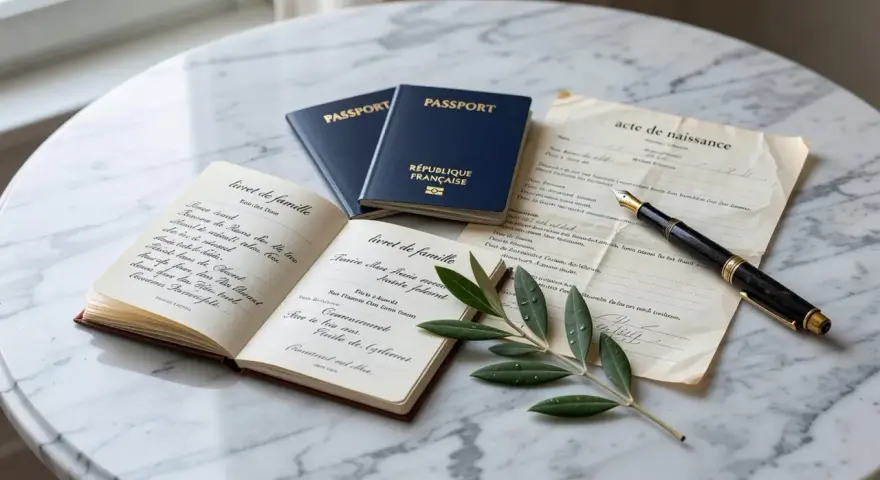 Livret de famille, passeports français et acte de naissance sur une table en marbre, évoquant l'état civil belge. Un stylo plume et une branche d'olivier complètent la scène.