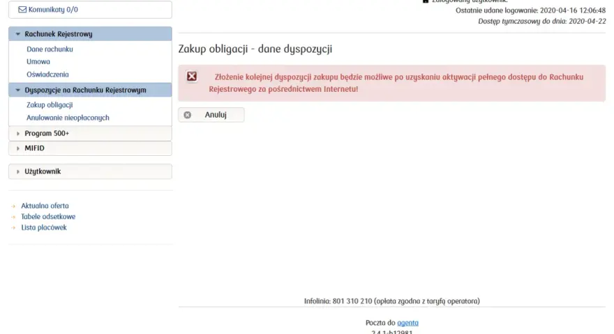 Interfejs bankowości internetowej mBank z menu po lewej i komunikatem o braku dostępu do zakupu obligacji.