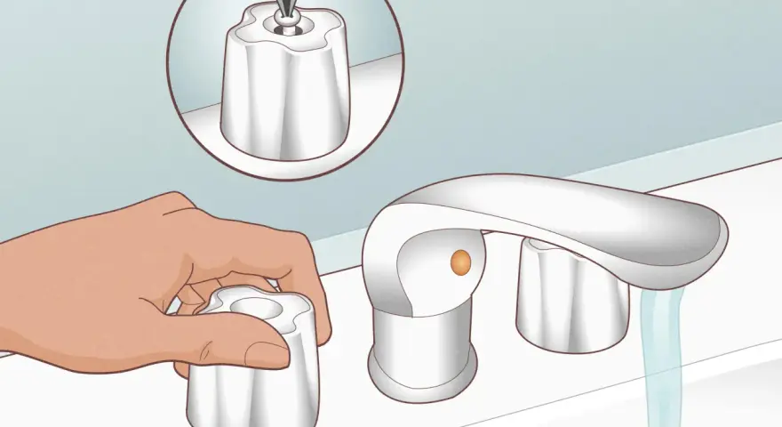 Illustration showing how to fix a dripping bathtub faucet. A hand removes a handle, while a close-up shows a screwdriver removing a screw from another handle.