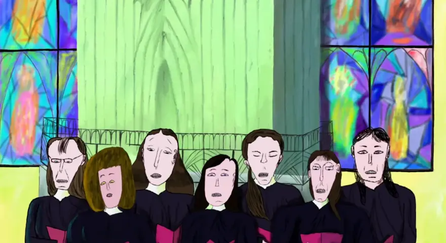 Coro di voci in una chiesa con vetrate colorate. Un'immagine che potrebbe far parte dei migliori cortometraggi animati.