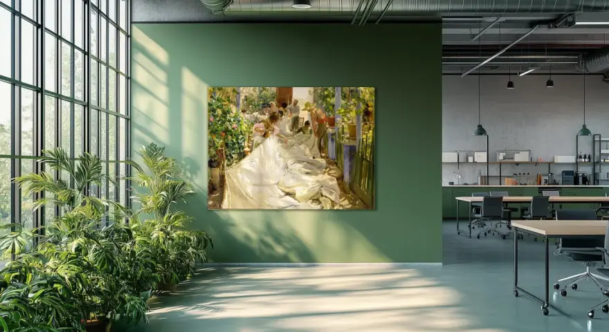 Pintura de un grupo de personas cosiendo la vela de un barco en un día soleado, rodeados de flores y vegetación.