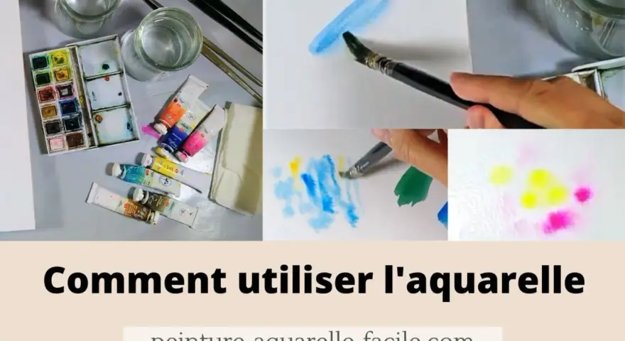 Matériel d'aquarelle : palette, tubes de peinture, pinceaux, eau. Démonstration de techniques de peinture style aquarelle.
