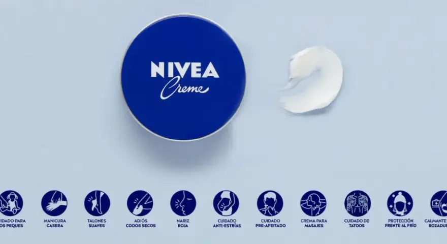 La crema Nivea es buena para la cara y para múltiples usos, como se muestra en los iconos: cuidado de la piel, masajes, protección y más.