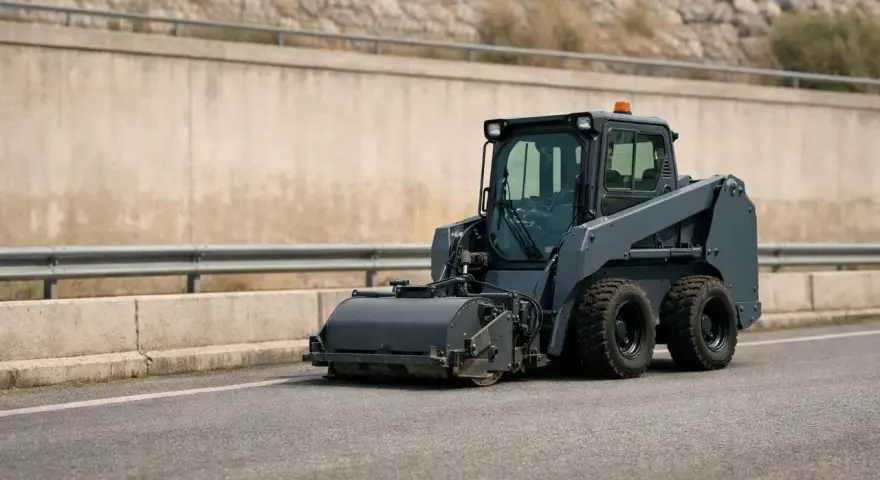 Macchina operatrice compatta, grigia, con rullo frontale, si muove su strada asfaltata. Le macchine operatrici, anche a bassa velocità, sono essenziali per lavori stradali.