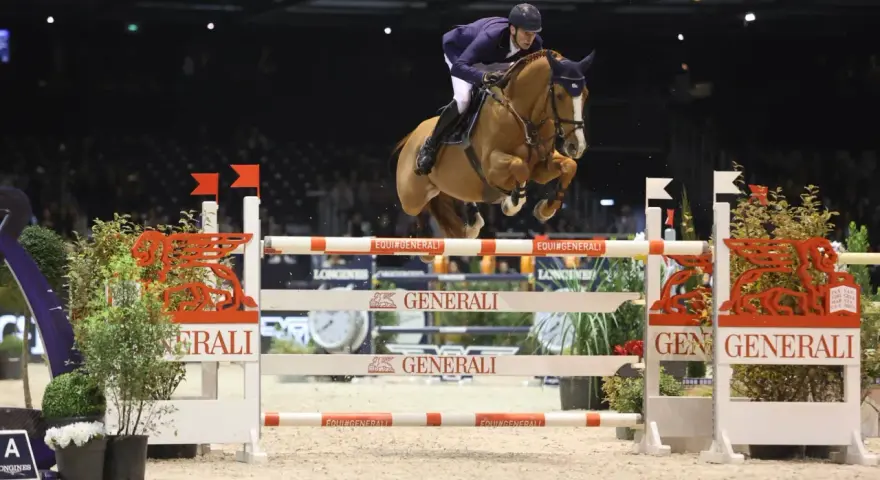 Un cavalier allemand CSO saute un obstacle dans une arène intérieure, sous les lumières vives.