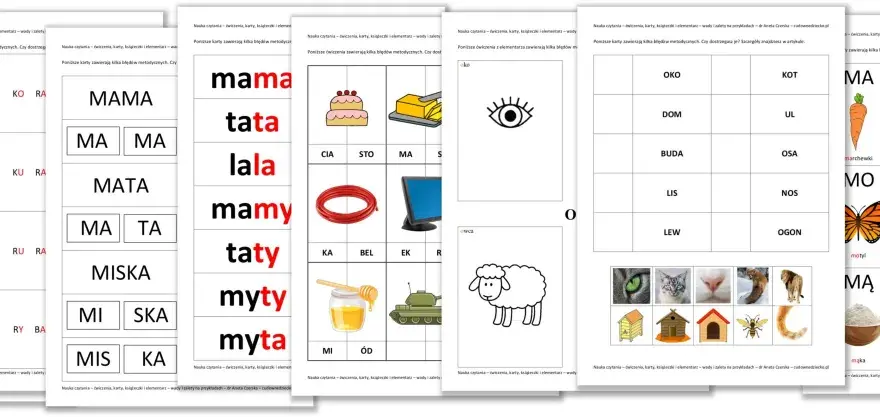 Karty do nauki czytania dla klasy 1: obrazki zwierząt, przedmiotów i sylab do układania słów, np. "mama", "tata".