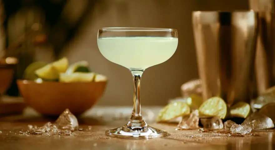 Orzeźwiający daiquiri, idealny na upalne dni. W tle miska z limonkami i kostki lodu.
