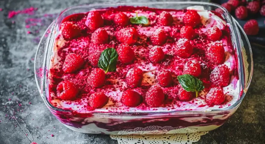 Himbeer Tiramisu in einer Glasform, garniert mit frischen Himbeeren und Minzblättern. Ein köstlicher Nachtisch.