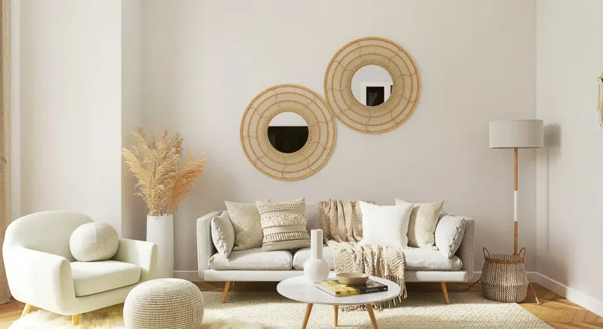 Salotto accogliente con divano grigio, poltrona bianca, tavolino rotondo e specchi decorativi in rattan. Un esempio di come arredare case moderne con stile boho-chic.