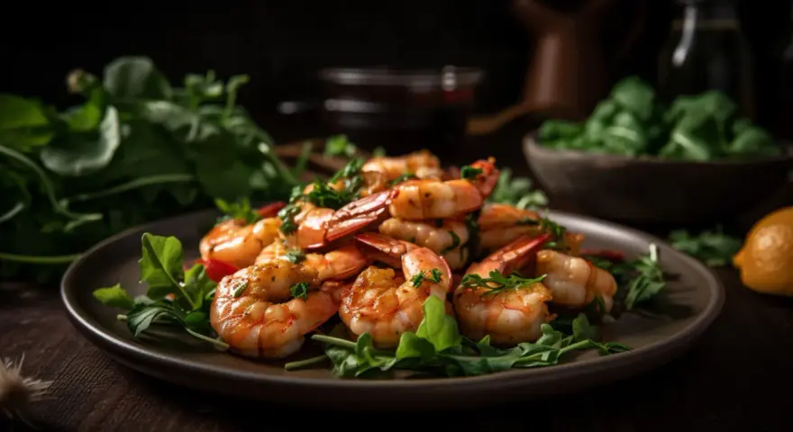 Gambas jugosas y doradas servidas con rúcula fresca y limón.