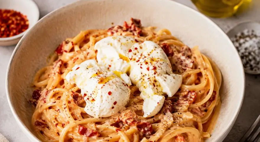 Cremige Pasta mit sonnengetrockneten Tomaten und drei Klößen Burrata. Ein einfaches Burrata Rezept, das begeistert.