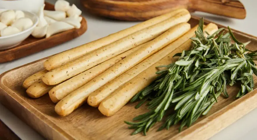 Grissini fatti in casa dorati e croccanti, profumati al rosmarino, pronti per essere gustati con formaggio e olive.
