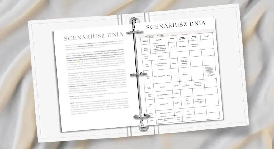 Scenariusz dnia ślubu: jak przygotować harmonogram dnia od przygotowań do oczepin. Tabela zawiera godziny, zadania, miejsce, osoby i rzeczy potrzebne.