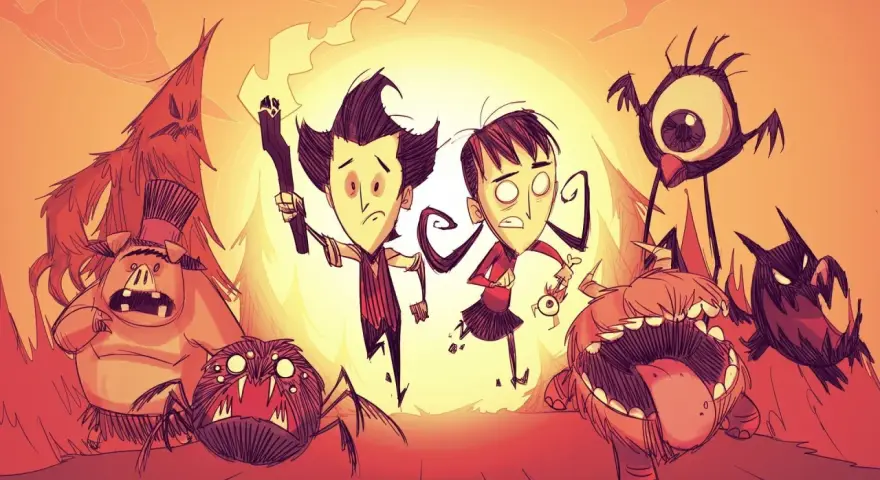 Postacie z gry Don't Starve Together na Nintendo Switch, otoczone przez potwory, w mrocznym, ale barwnym stylu.