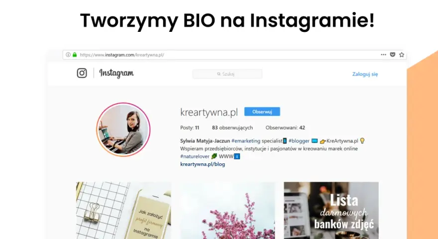 Fajny biogram na IG profilu @kreartywna.pl, gdzie Sylwia Matyja-Jaczun wspiera przedsiębiorców w kreowaniu marek online.