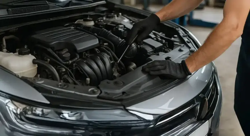 Meccanico con guanti neri lavora sul motore di un'auto, forse per la rigenerazione auto diesel.