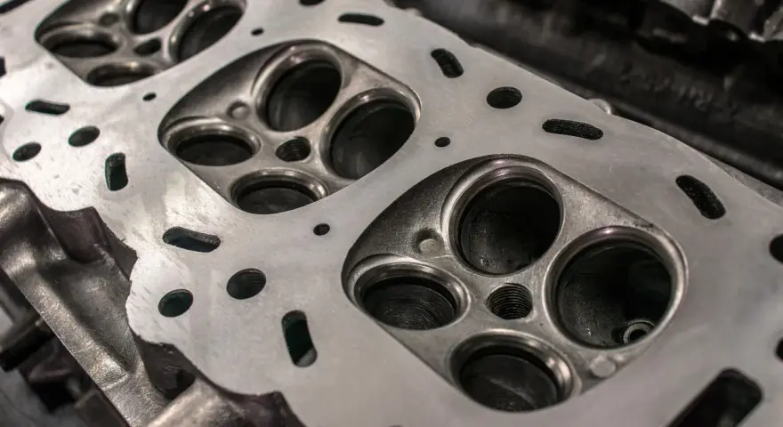 Nahaufnahme eines Zylinderkopfs eines Autos. Die Ventilsitze und die Bohrungen für die Zündkerzen sind sichtbar. Eine neue Kopfdichtung für das Auto wird bald montiert.