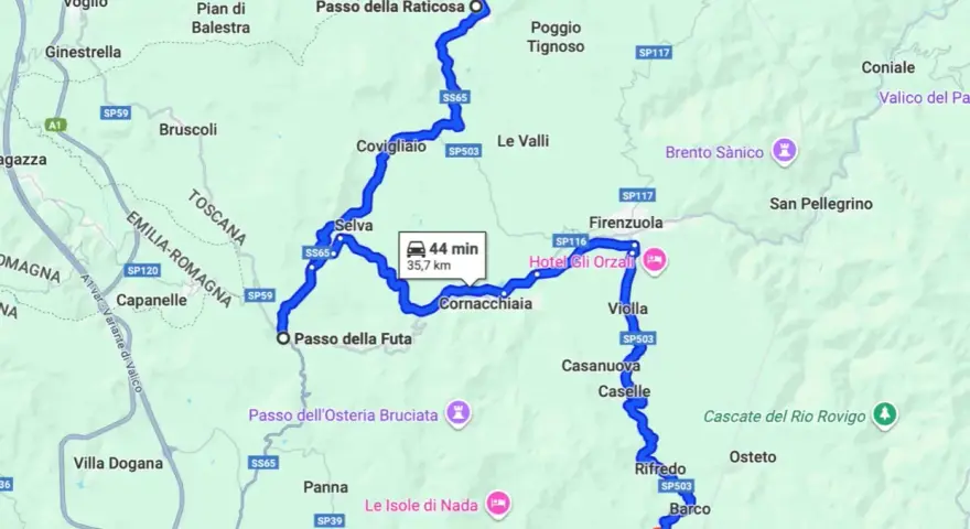 Mappa del percorso in moto per il Passo della Futa, con tappe a Firenzuola e Cornacchiaia.
