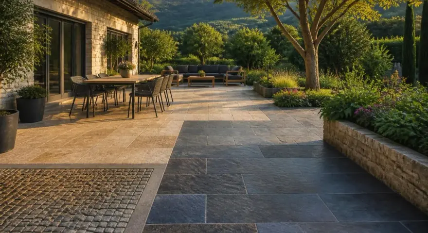 Une belle terrasse en pierre naturelle, avec un coin repas et un salon extérieur, entourée d'un jardin luxuriant.